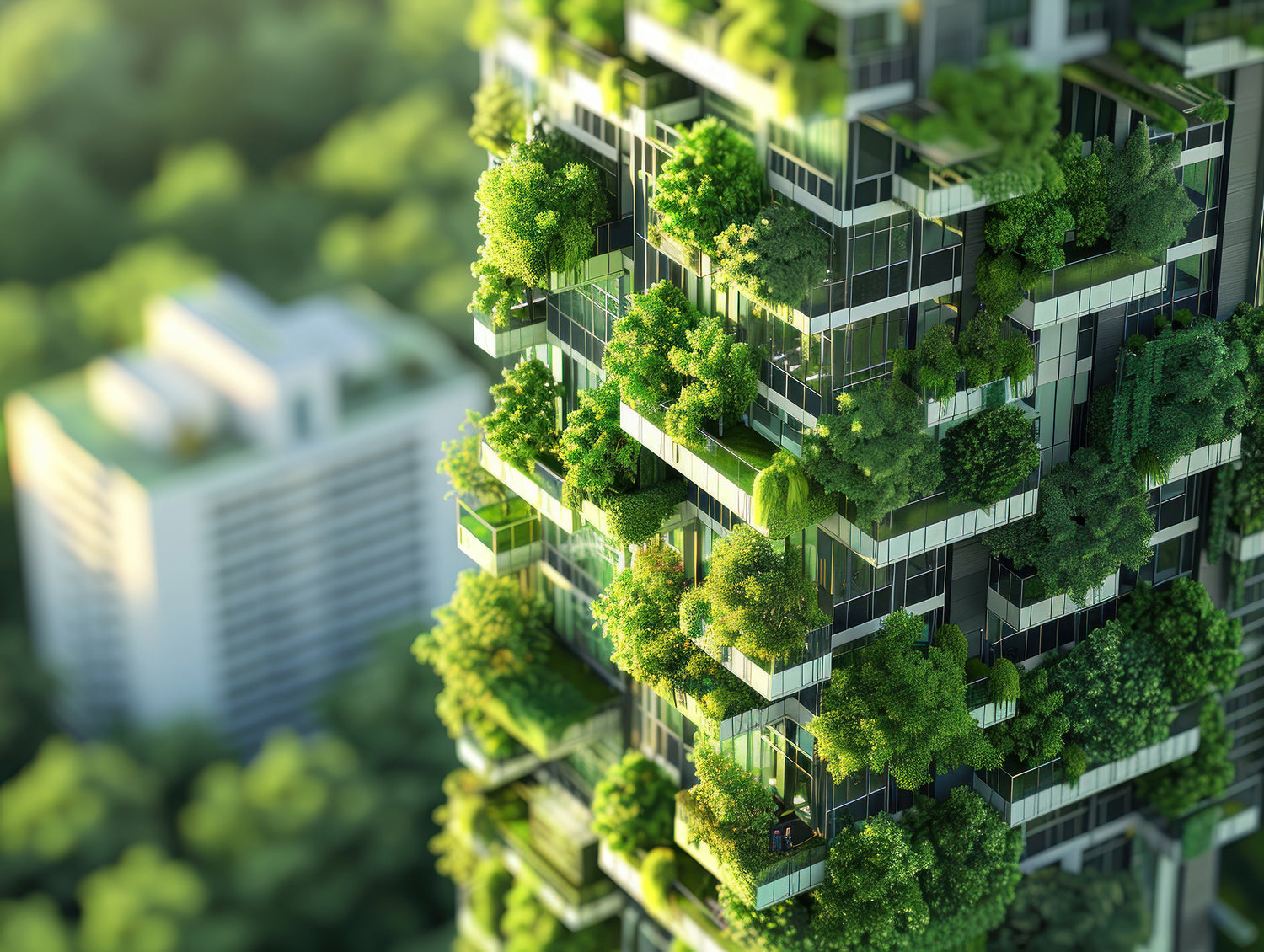 Un condominio futuristico con terrazzamenti pieni di piante e alberi. Immagine evocativa dell'impegno di Dynergy in ottica di proporre sistemi di riscaldamento e raffrescamento che contribuiscano alla decarbonizzazione.