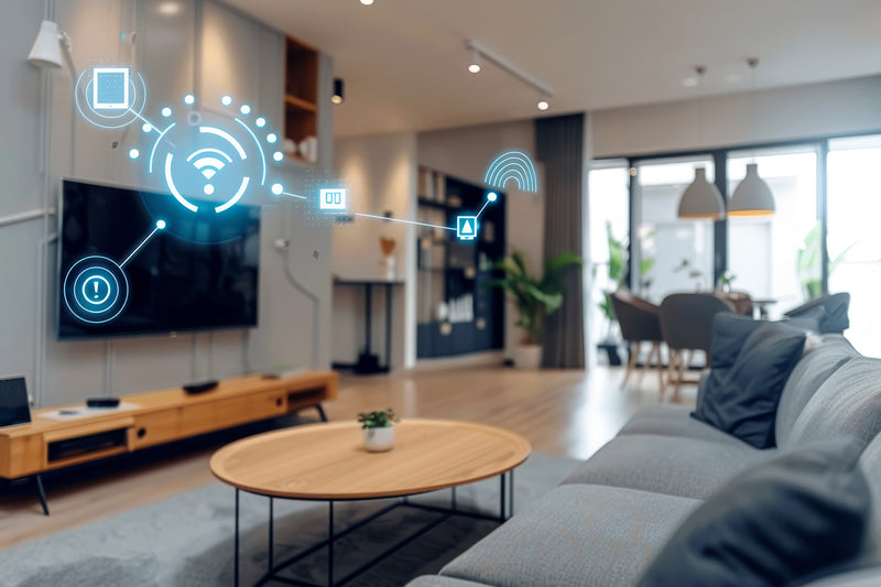 Building automation. Immagine decorativa di un moderno soggiorno con un tv touch screen, un divano e un tavolino da caffè, grafica sovraimpressa per identificare connessione wireless smart e domotica.