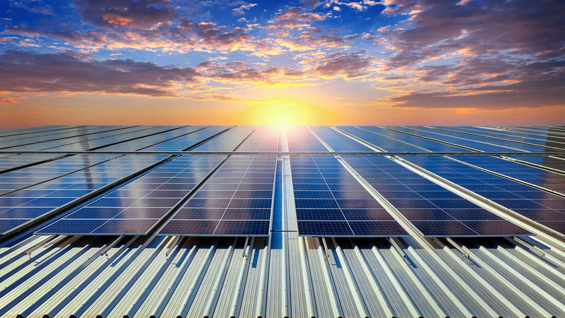 Una immensa installazione di pannelli solari su un tetto di alluminio di un'azienda di grandi dimensioni. Sullo sfondo il sole al tramonto.